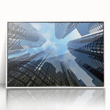 Mid-century modernist skyscraper design on a large framed acrylic print, in grayscale, ideal for modern art wall decor.