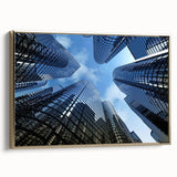 Framed canvas featuring a vintage poster of a colorful skyline with skyscrapers.