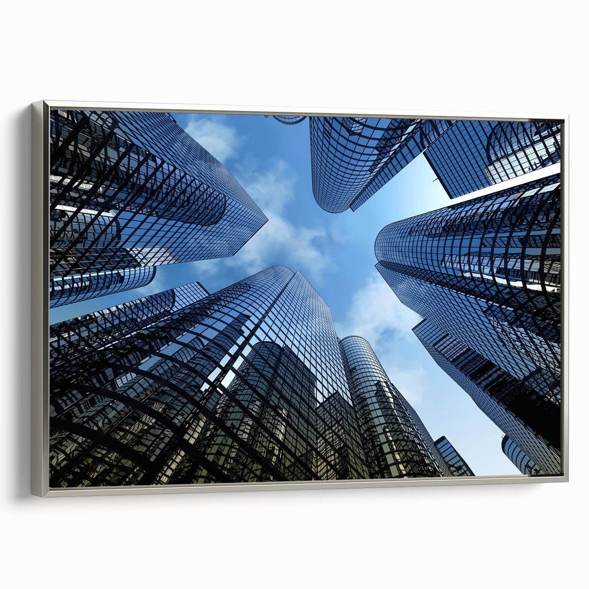 Vintage poster art of a black skyscraper design on a large framed canvas, suitable for living room decor.