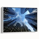Framed canvas featuring a black and white vintage skyscraper design, ideal for bedroom wall art.
