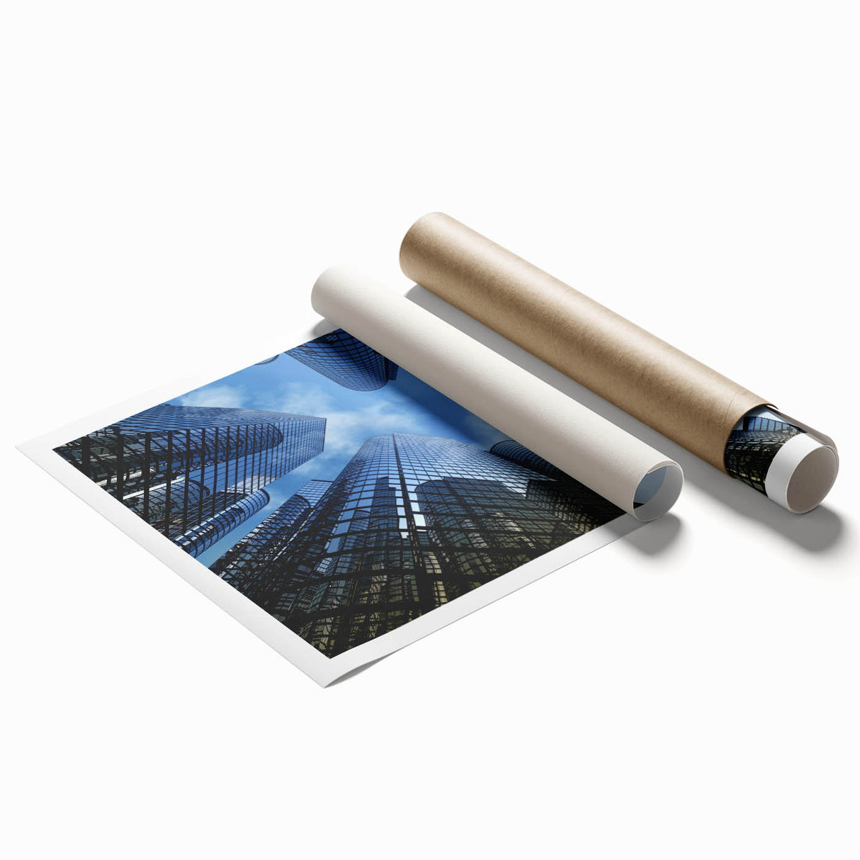 Extra large rolled print of a skyscraper with a floral overlay, in pastel shades, ideal for classy bathroom wall art.