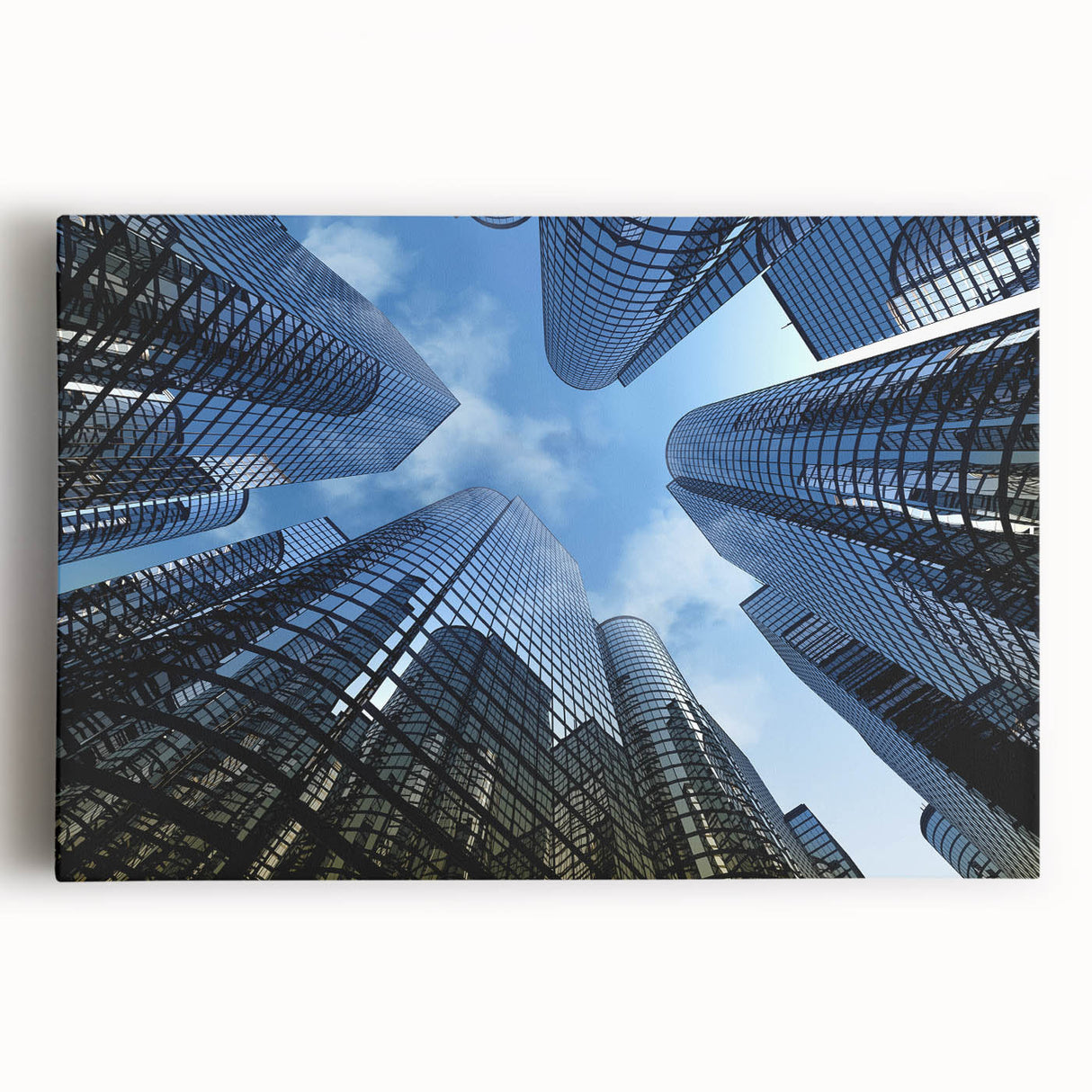 Black and white photo of skyscrapers on stretched canvas, suitable for large kitchen wall art.