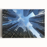 Black and white photo of skyscrapers on stretched canvas, suitable for large kitchen wall art.