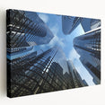 Side view of a large, stretched canvas featuring a grayscale architectural skyscraper design, suitable for kitchen wall art.