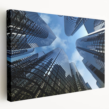Side view of a large, stretched canvas featuring a grayscale architectural skyscraper design, suitable for kitchen wall art.