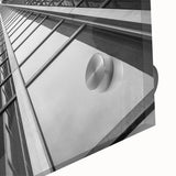 Mid-century modernist large abstract wall art depicting skyscrapers, in vibrant blue and gray tones on acrylic glass.