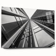 Acrylic glass print of abstract skyscraper design in gray and blue tones, ideal for modern dining room decor.