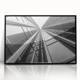 Large abstract wall art featuring a mid-century modernist skyscraper design in black and white tones on acrylic.