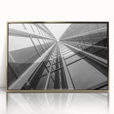 Mid-century modernist art deco skyscraper in gold and black tones, acrylic print framed, suitable for modern art wall decor.