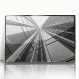 Art deco style skyscraper design in silver and gray tones on a framed acrylic, suitable for modern art wall decor.