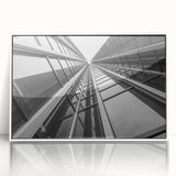 Mid-century modernist skyscraper design in muted gray tones on a framed acrylic, ideal for modern art wall decor.
