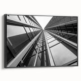 Framed canvas featuring a black and white vintage poster art of skyscrapers, ideal for bedroom wall decor.