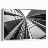 Black and white vintage poster art of a skyscraper, framed canvas, ideal for bedroom wall art.