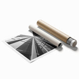 Extra large rolled print of skyscraper architecture in muted gray tones, suitable as classy bathroom wall art.