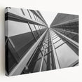 Side view of a large stretched canvas featuring a grayscale architectural skyscraper design, suitable for kitchen wall art.