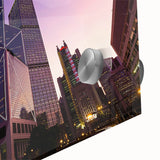 Mid-century modernist skyscraper design in muted gray on large acrylic glass, suitable for dining room art.