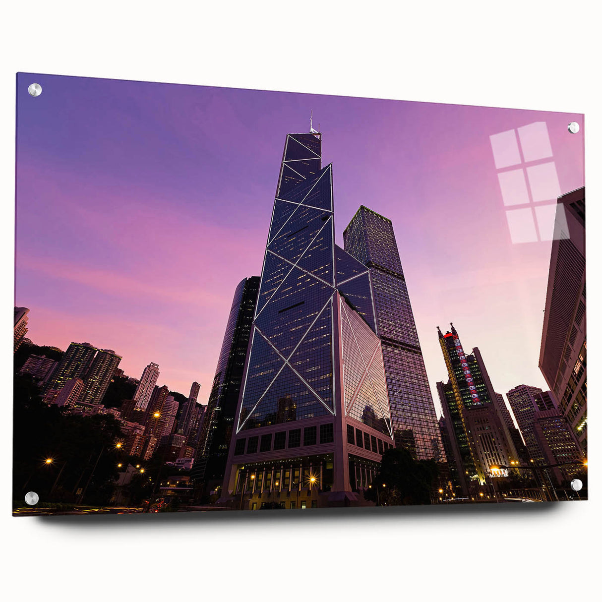 Large abstract wall art on acrylic, featuring geometric skyscraper designs in muted grays.
