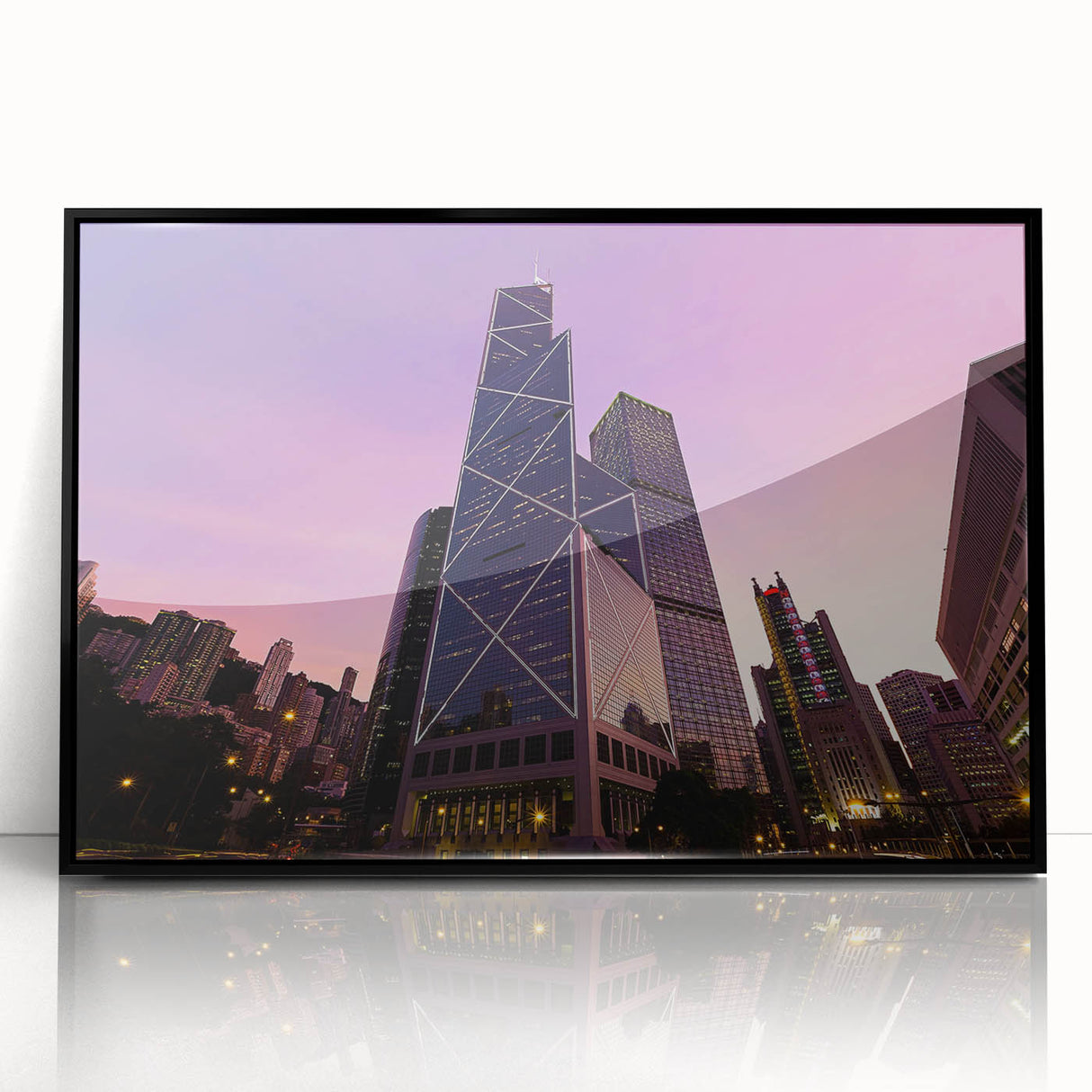 Large abstract wall art featuring a skyscraper design in black and white, framed in acrylic, suitable for modern decor.