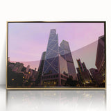 Mid-century modernist skyscraper design in gold and black hues on acrylic, ideal for modern art wall decor.