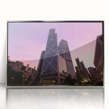 Art deco poster of a silver skyscraper on framed acrylic, in muted metallic tones, ideal for modern art wall decor.