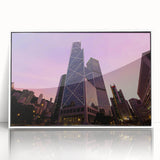 Mid-century modernist skyscraper design in black and white on a framed acrylic, ideal for modern art wall decor.