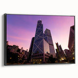 Black and white framed canvas of skyscraper design, ideal for bedroom wall art with a vintage poster style.