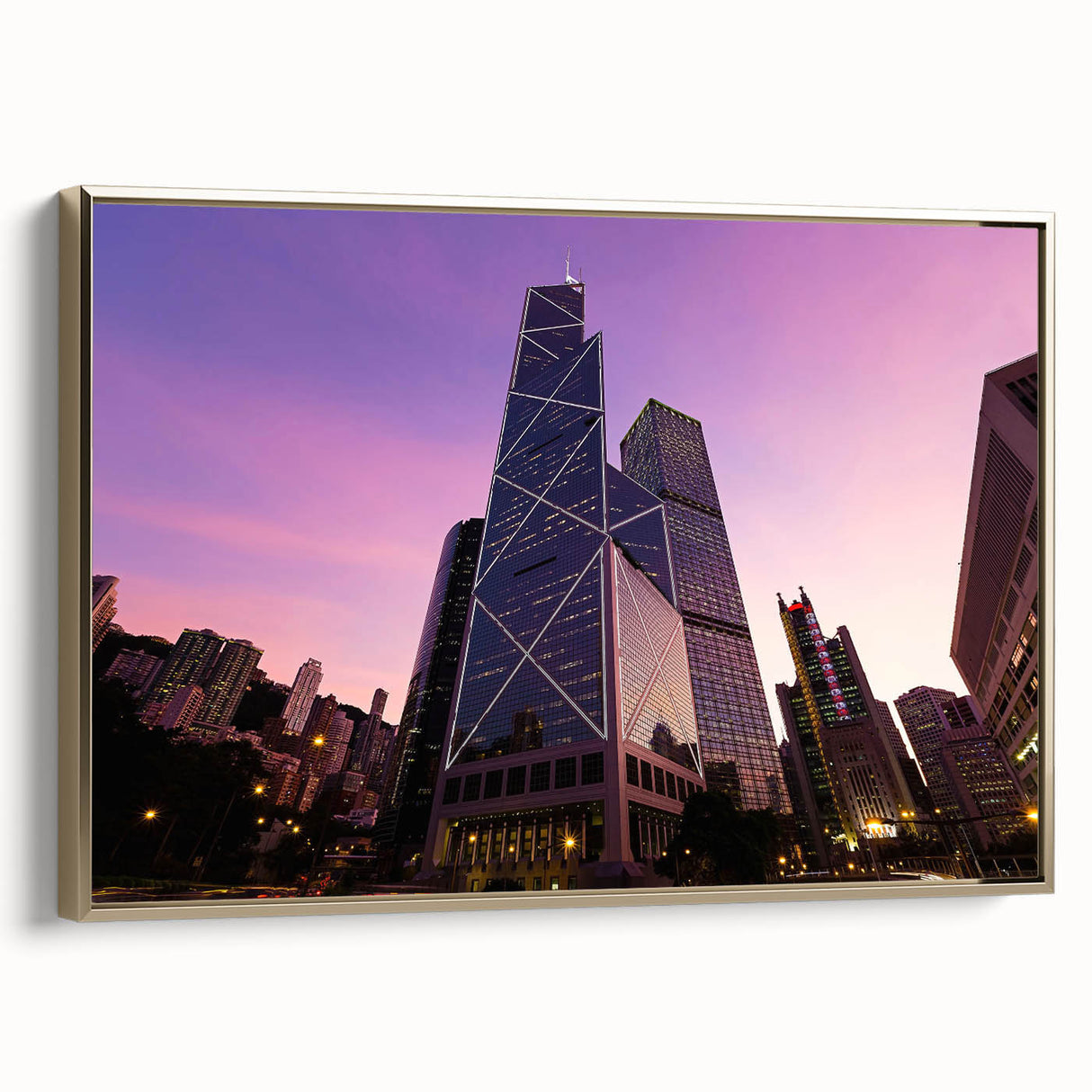 Landscape art painting of skyscrapers in muted gold and black tones on framed canvas, suitable for office decor.