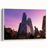 Framed canvas featuring a black and white vintage poster of skyscraper architecture, ideal for bedroom wall decor.