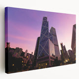 Modern skyscraper design on large stretched canvas with geometric patterns, ideal for kitchen wall art.