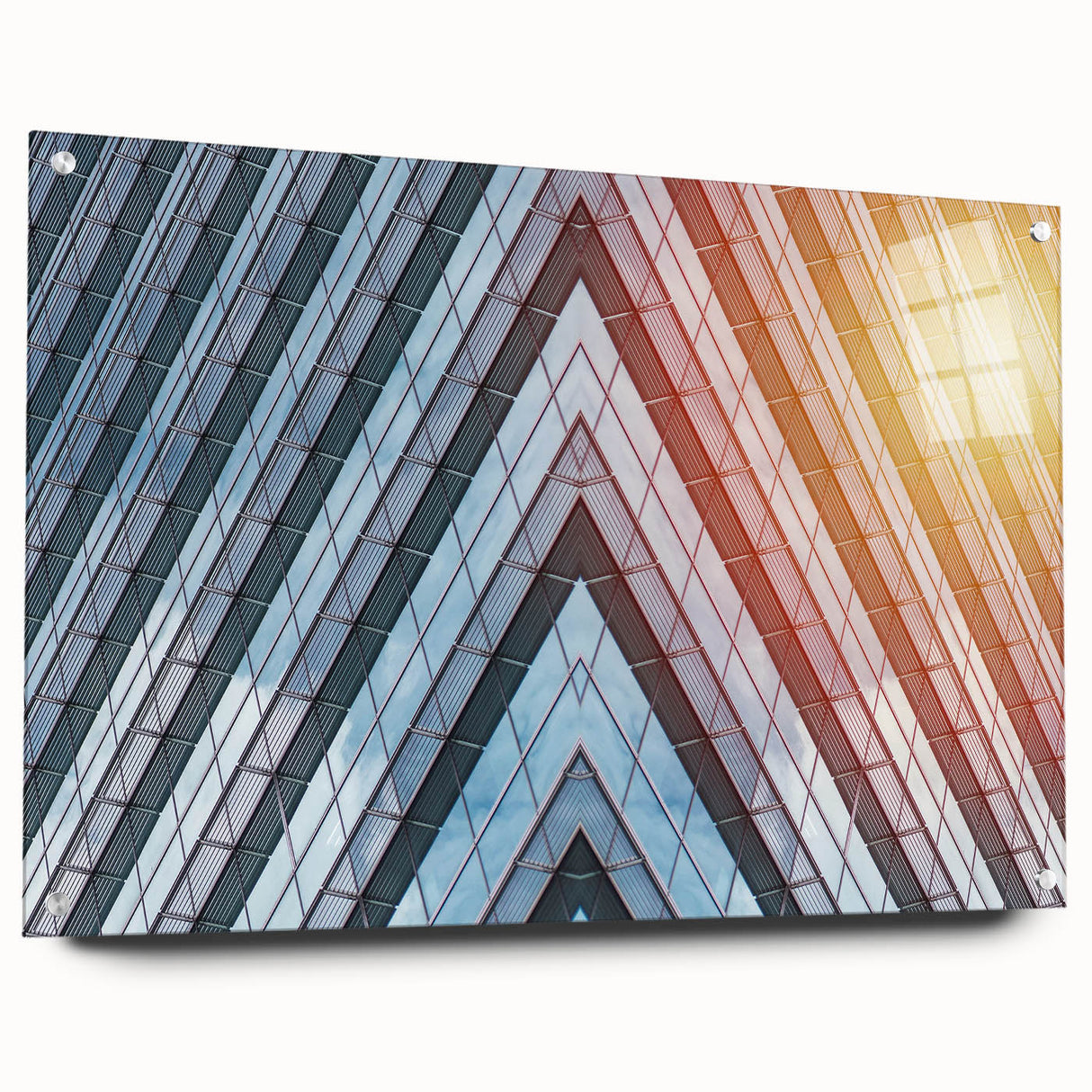 Acrylic glass print of a large abstract skyscraper design in monochrome shades.