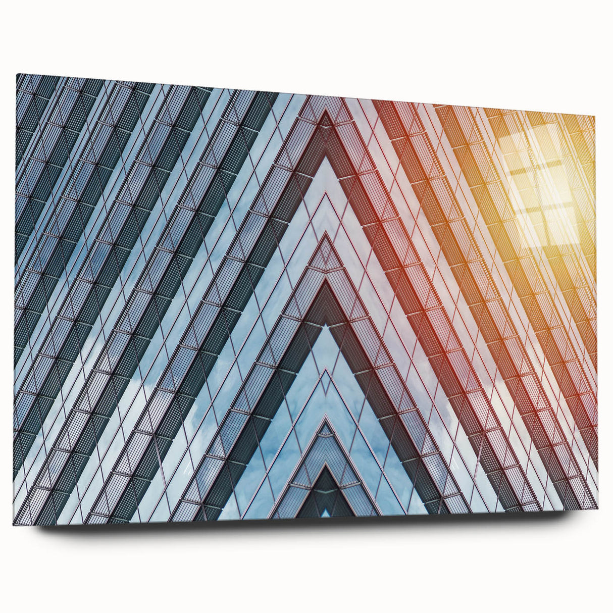 Large abstract wall art depicting skyscrapers in muted gray tones on acrylic glass.