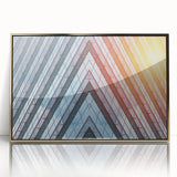 Mid-century modernist art depicting skyscrapers in gold tones on an acrylic framed print, suitable for modern art wall decor.