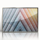 Art deco poster of a stylized skyscraper in silver and gray tones on a framed acrylic, suitable for modern art wall decor.