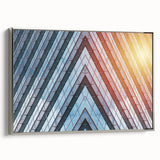 Vintage poster art of a skyscraper design on framed canvas, with black and colorful art, ideal for living room decor.