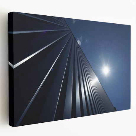 Side view of a large stretched canvas featuring a grayscale architectural skyscraper design, suitable for kitchen wall art.
