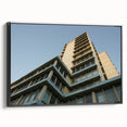 Black and white framed canvas featuring a vintage poster art style landscape of skyscrapers, ideal for bedroom wall decor.
