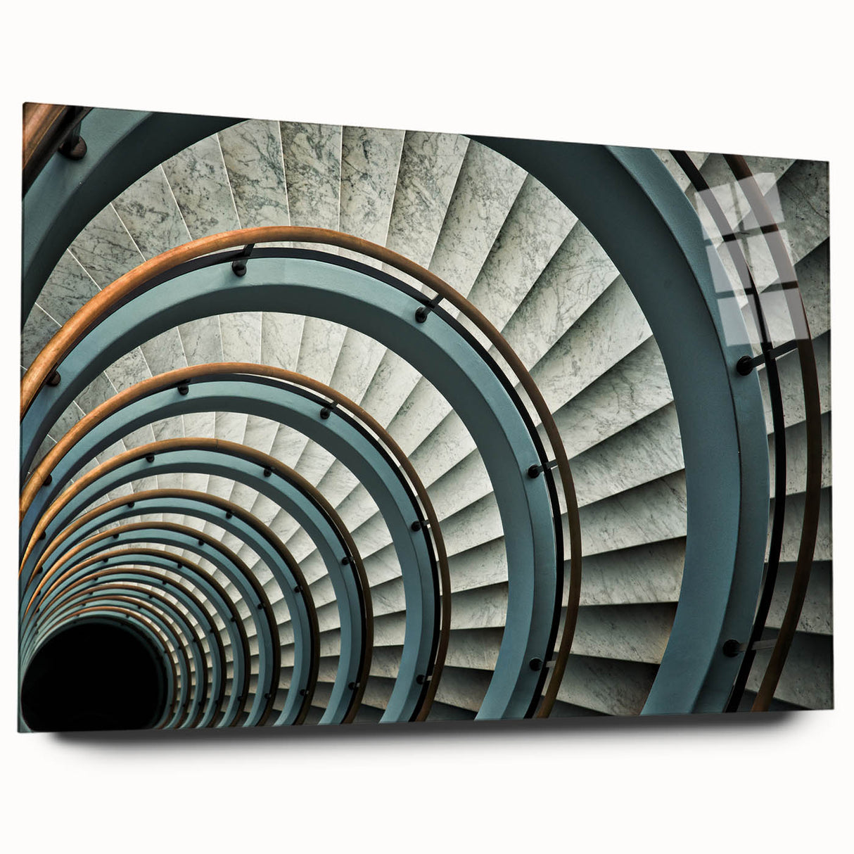 Side view of a large abstract staircase design in muted gray on acrylic, ideal for bedroom or dining room art.