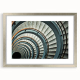 Textured art print of an abstract staircase in muted gray and silver, framed with a silver mat, ideal for bedroom art.