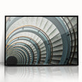 Large abstract wall art of a spiral staircase in black and white, framed acrylic, ideal for modern art wall decor.