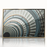 Mid-century modernist staircase design in gold tones on a framed acrylic, ideal for modern art wall decor.