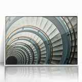 Art Deco poster featuring a geometric staircase design in black and white, framed acrylic, ideal for modern nursery wall art.