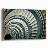Vintage poster art of a spiral staircase in black and gold, framed canvas, suitable for bedroom wall decor.