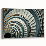 Framed canvas featuring a grayscale image of a spiral staircase, ideal for modern office decor.