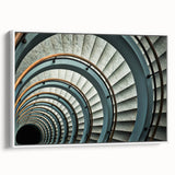Vintage poster art of a spiral staircase in black and white on framed canvas, ideal for living room decor.