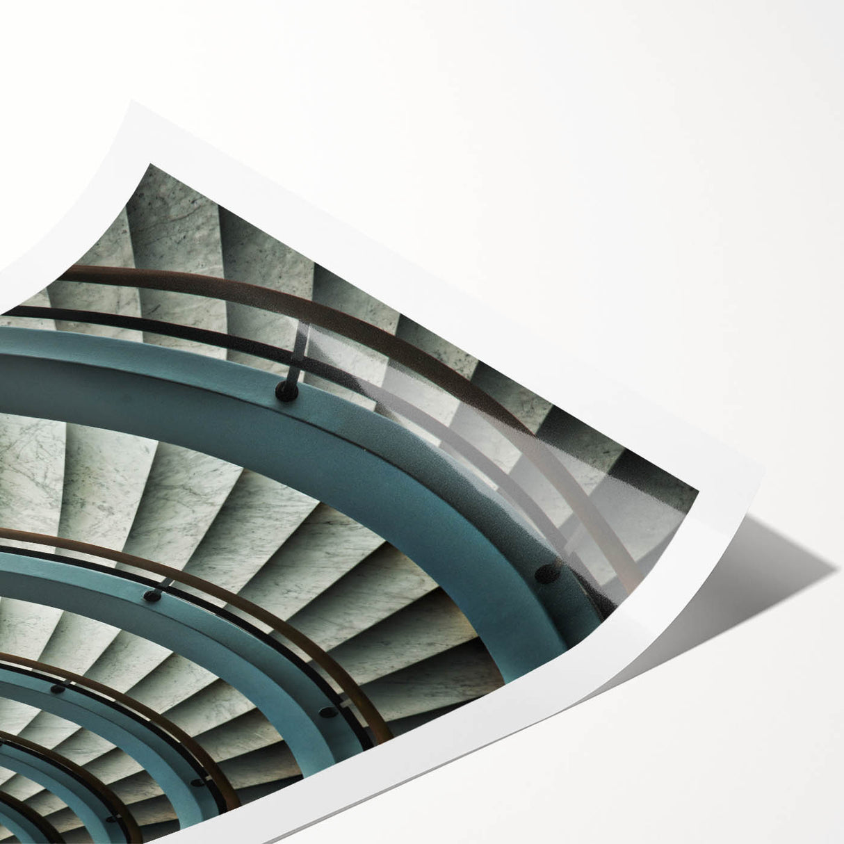 Art deco poster featuring a spiral staircase in monochrome, printed on rolled canvas, suitable for dining room walls.
