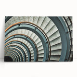 Black and white photograph of a spiral staircase on stretched canvas, suitable for kitchen wall art.