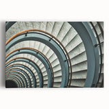 Black and white photograph of a spiral staircase on stretched canvas, ideal for kitchen wall art or bedroom decor.