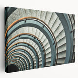 Side view of a large, monochrome architectural staircase design on stretched canvas, suitable for kitchen wall art.