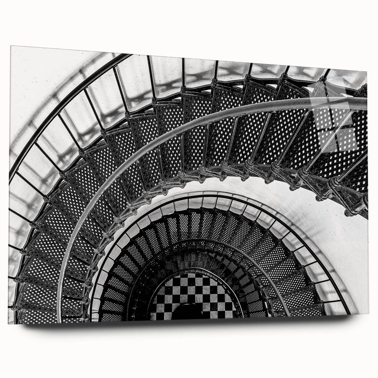 Large abstract wall art featuring a spiral staircase in muted gray, acrylic print, ideal for bedroom or dining room decor.
