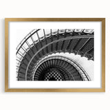 Extra large abstract art print of a textured staircase in muted earth tones, framed in gold, ideal for living room decor.